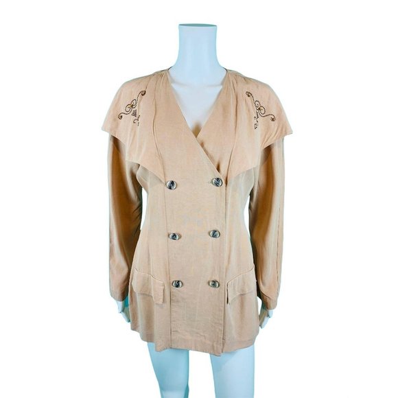 Vintage 90s Tunic Top Women's Large Beige Bronze Studded Large Collar Blouse - Picture 10 of 10